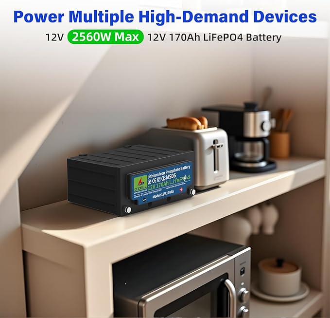12V 170Ah LiFePO4 Battery with 200A BMS | 2560W Peak Power | 44lbs Lightweight | 15,000 Cycles | for RV/Marine/Solar – 2X Capacity vs 100Ah Lead Acid (2PCS 12V 170Ah)