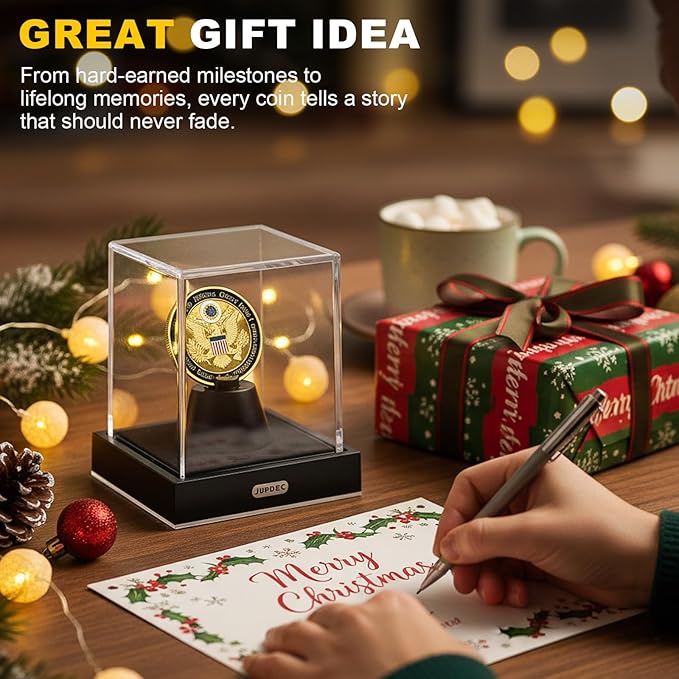 JupDec Coin Display Case, Clear Acrylic Single Coin Holder with Durable Base, Dustproof Cube Showcase with Black Velvet Interior, Ideal Gift for Challenge Coin Fans & Collectors