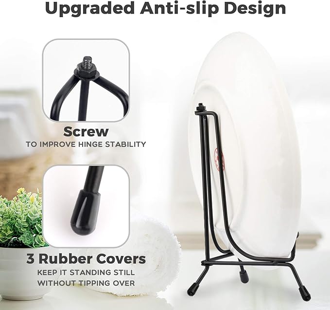 Mocoosy 4 Pack Improved Anti-Slip Plate Stands for Display, 6 Inch Plate Holder Display Stand, Picture Frame Holder Stand, Black Iron Easel Stands for Photo, Decorative Plate and Tabletop Arts