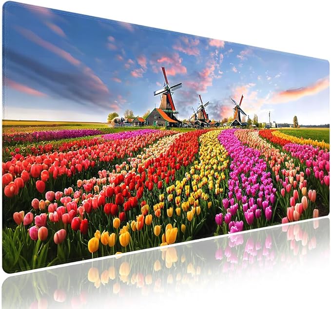 Wknoon. Extra Large Gaming & Office Mouse Pad (31.5" x 11.8") with Durable Stitched Edges – Vibrant Tulip Fields Flowers in Full Bloom and Traditional Windmills at Sunset, Extended XXL Desk Mat