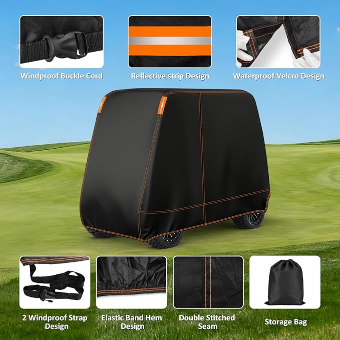 Falafa Golf Cart Cover 4 Passenger, Heavy Duty 420D Waterproof All Weather Protection, Universal Fit for EZGO Club Car Yamaha with Storage Bag & Reflective Strips