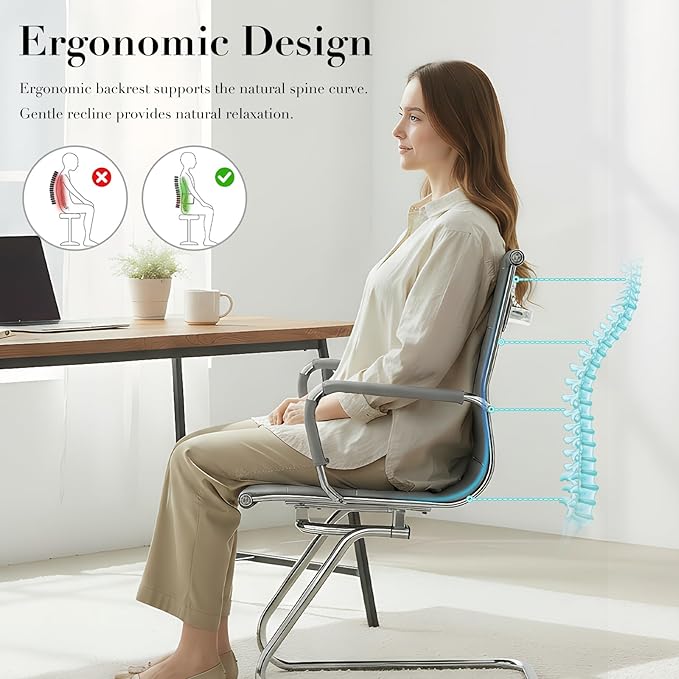 CIMOTA Waiting Room Chairs Leather Office Guest Chair Mid Back Reception Chairs with Sled Base for Meeting/Patient/Conference Room, Grey Set of 8