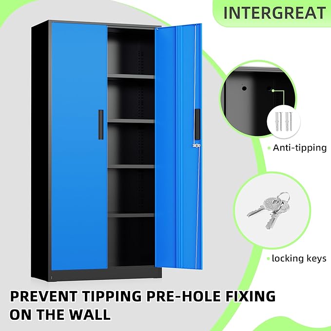 INTERGREAT Metal Storage Cabinet, 72" Locking Steel Cabinets with 2 Door and 4 Adjustable Shelves, Tall Metal Cabinet for Home Office, Garage, Warehouse,(Black+Blue)