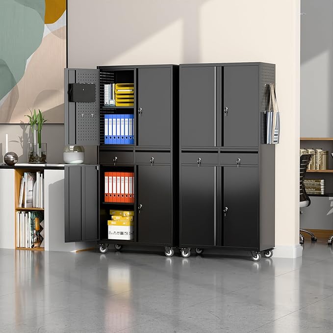 SUXXAN 71" Metal Garage Storage Cabinet with 8 Hooks and Pegboards,2 Drawer Rolling Tool Storage with Locking Doors and Adjustable Shelves,Heavy Duty Steel Tool Cabinet for Garage, Warehouse