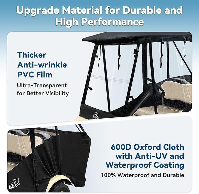 Golf Cart Enclosure Rain Cover 2&4Passenger, EZGO TXT RXV/Club Car Ds&Precedent and Yamaha, 600D Rain Cover Waterproof Windproof Snowproof and All-Weather Protection
