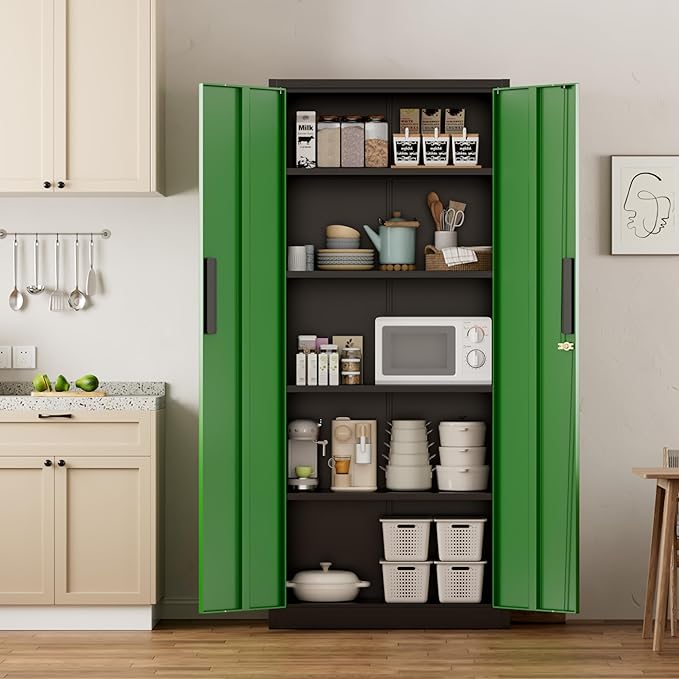 Greenvelly Metal Pantry Cabinet, 63”Tall Kitchen Pantry Storage Cabinets with 2 Lock Doors and 4 Adjustable Shelves for Home Office, Dinning Room,Garage(Black Green)