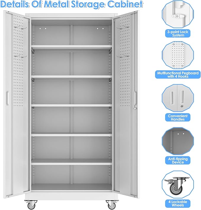SUXXAN Metal Garage Storage Cabinet with Wheels and Pegboard 71'' x 34'' x 18'', Lockable Rolling Steel Cabinet with 5 Adjustable Shelves and Door for Garage, Office, Kitchen, Assembly Required