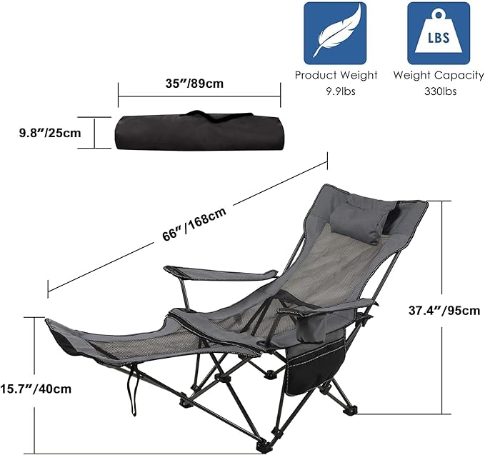LEADALLWAY Camping Folding Chair with Foot Rest, Collapsible Camp Chair with Cup Holder and Removable Storage Bag, Heavy Duty Beach Chair for Outdoor Camp, Picnic, Travel, Fishing
