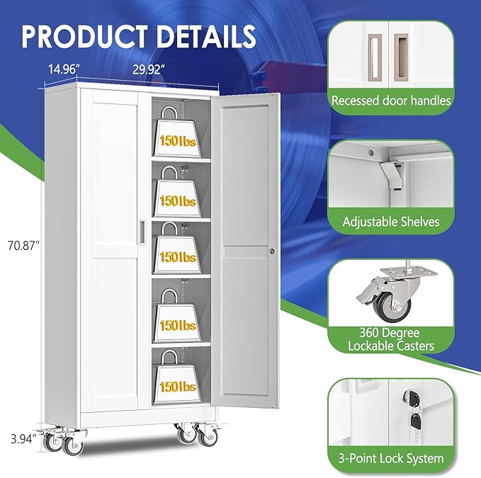 71" Tall Metal Garage Storage Cabinet with Wheels and Locking Doors and Tall Rolling Steel Tool Cabinet with 4 Adjustable Shelves for Garage,Home,Office,Shop (White)