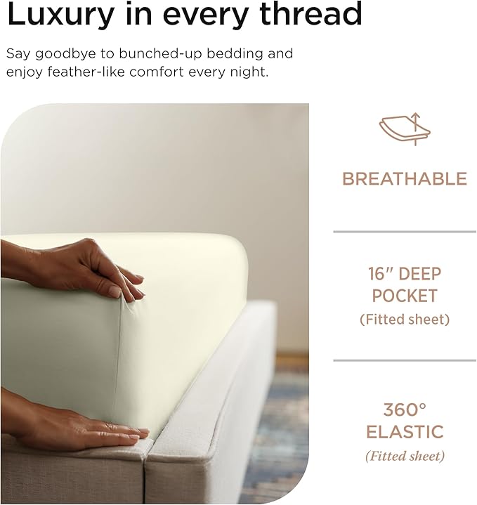 Threadmill Luxury 800 Thread Count Queen 100% Cotton Sheets - Ivory Sateen Weave Bed-Sheets, Better Than Egyptian Cotton,4 Pc Solid Soft Bed Set, Fits 16" Deep Pocket