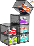 6 Pack Upgrade Harder Shoe Organizer, Shoe Storage with Magnetic Front Door, Clear Shoe Boxes Foldable Space-Saving Shoe Rack for Sneaker Boot Container, Black