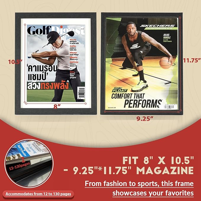 JupDec Sports Magazine Frame, Premium Wood Display Case for 8" x 10.5" Magazines, Wall Mount or Tabletop Stand, Layered Design with Positioning Mat, Perfect for Sports, Fashion & Home Decor, White