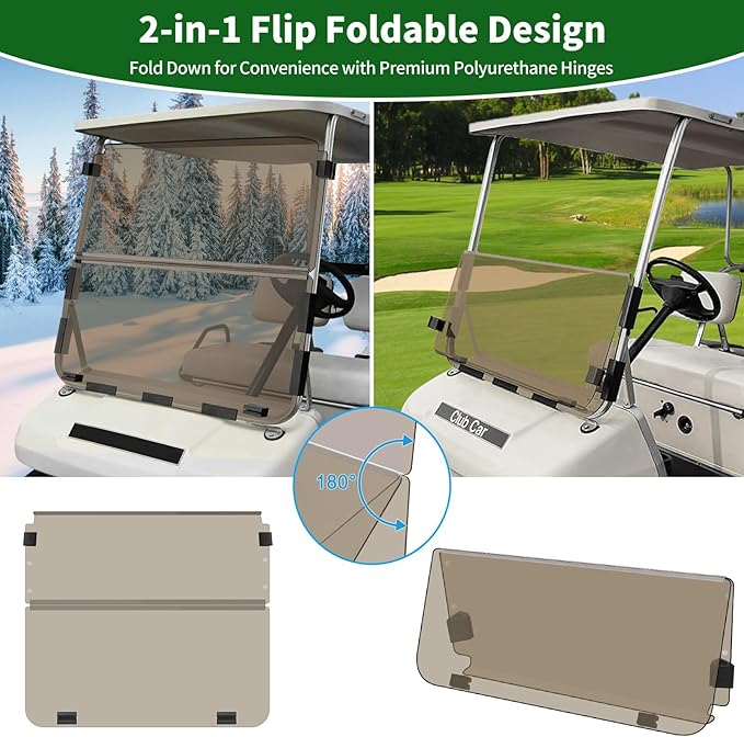 Golf Cart Foldable Windshield 3/16" (5MM) Only Fits 1982-2000 Club Car DS 1"×1" Struts Upper and Down Straight Rail, Folding Acrylic Replacement - Tinted (Not Fit Top Tapered Rail Style)
