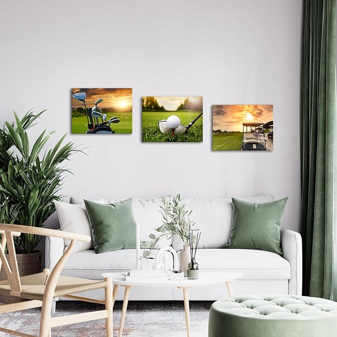 iKNOW FOTO 3 Piece Sports Canvas Wall Art Golf Course Scenery Sunset Framed Print Artwork for Home Decor Ready to Hang Each 12"x16"