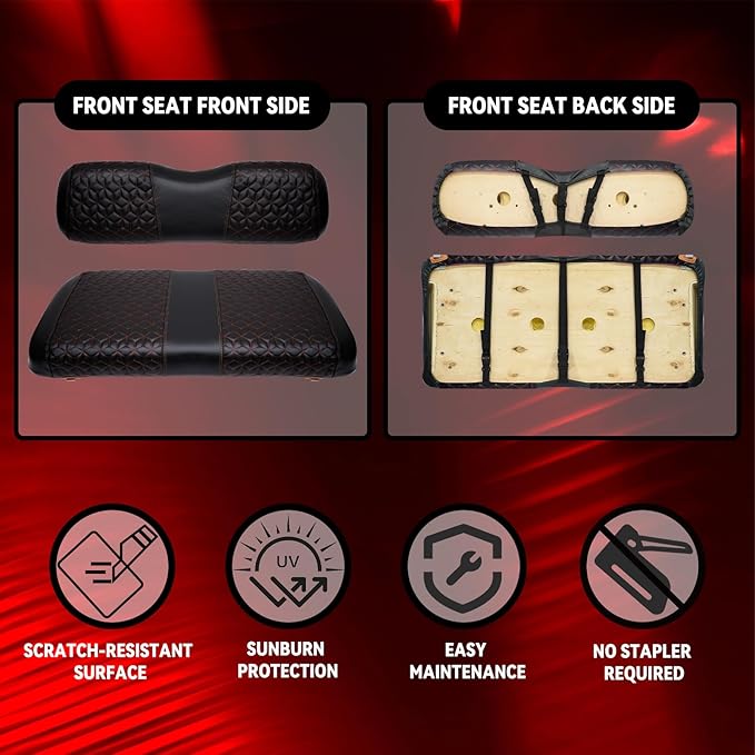 Golf Cart Seat Covers Front for EZGO TXT 1994-2013 Standard Seat Cushion, EZGO Vinyl Leather Seat Cover Set Replacement Accessories, No Staples, Black(4 PCS)