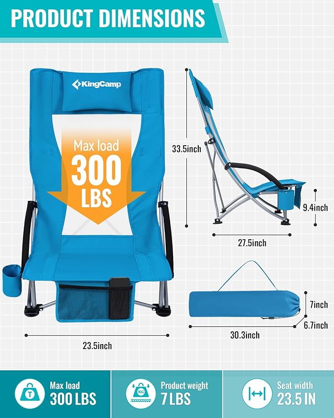 KingCamp Low Beach Chairs, Folding Portable Chair for Adults Lightweight Extra Wide Seat 300lbs Heavy Duty Oversized Backpack, Carry Bag for Camping