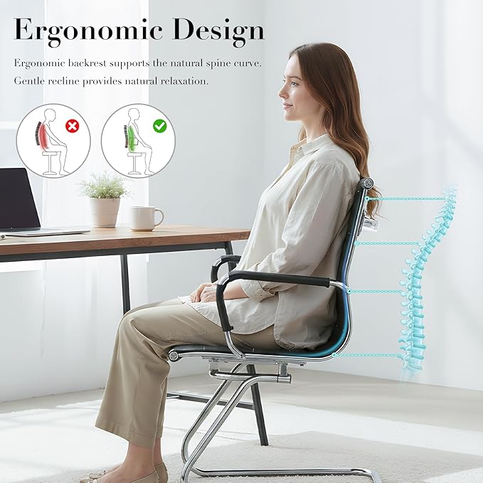 CIMOTA Waiting Room Chairs Leather Office Guest Chair Mid Back Reception Chairs with Sled Base for Meeting/Patient/Conference Room, Black Set of 4
