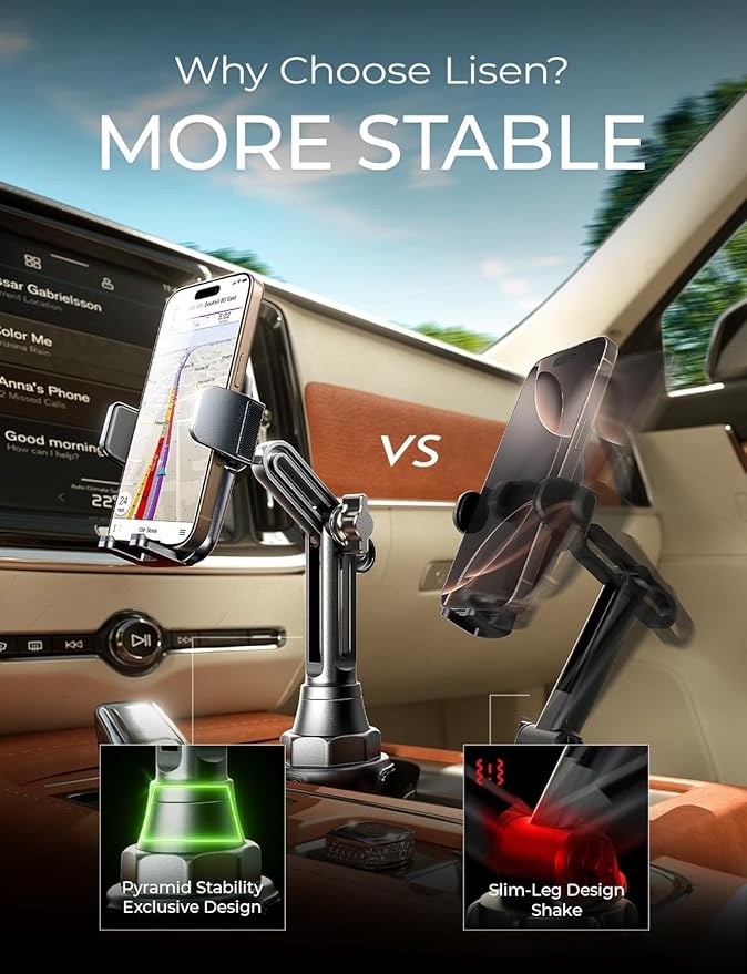 LISEN Upgraded Version Cup Holder Phone Holder 360° Adjustable Long Neck Car Phone Mount Golf Cart Phone Holder, Truck Jeep Accessories for iPhone 17 Air Pro Samsung Google and All 4-7'' Phone,Black