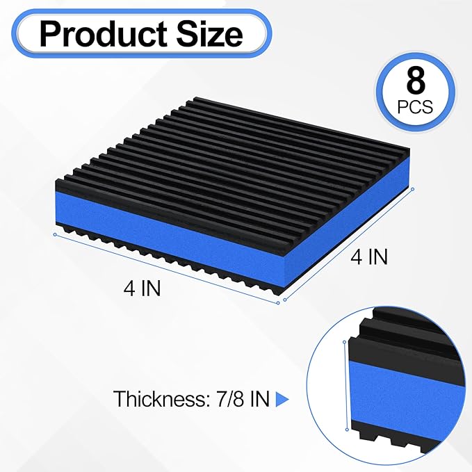 8 Pack Anti Vibration Pads for Washing Machine 4"x4"x7/8", Sound Isolation Vibrating Pad Ribbed Rubber Damping Mat EVA Center for Air Compressors, Conditioner, Treadmill, HVAC Washer Dryer