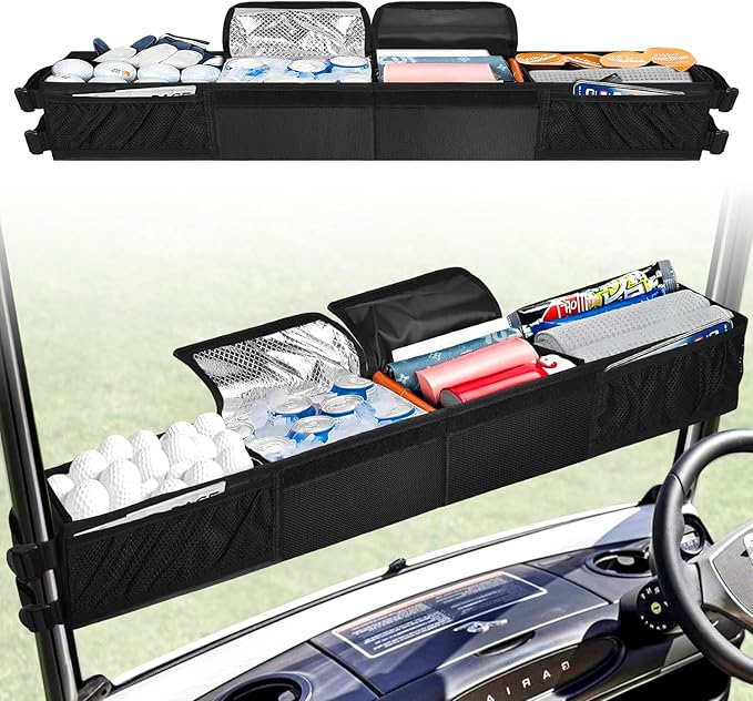 Golf Cart Storage Organizer, Golf Cart Front Storage Basket with Insulated Compartment No-Drilling Golf Cart Basket Compatible with EZGO, Club Car, Kandi Electirc Golf Carts