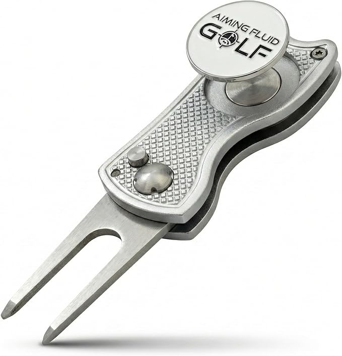 Golf Divot Repair Tool — 5-in-1 Golfing Ball Marker, Pitch Mark Repair, Putting Alignment, Club Tee, and Groove Cleaner, Accessory Metal Switchblade Design - Ideal Gift for Golfers