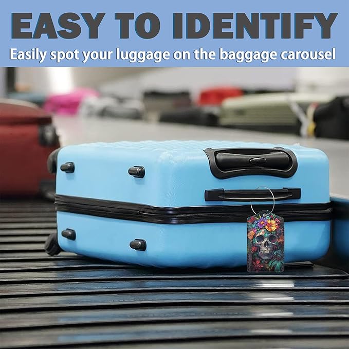 Luggage Tags for Suitcases Durable Leather Luggage Tags Cute Travel Name Tags for Cruise Ships Travel Essentials 3 Pack (Skull Flowers)