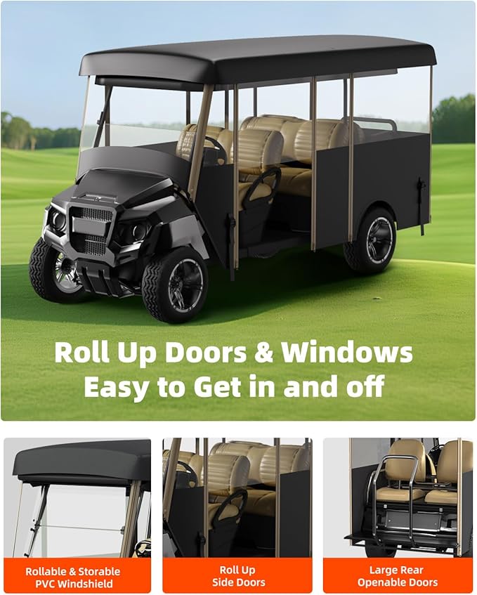 Golf Cart Cover Enclosure 4&6 Passenger, Golf Cart Cover for Yamaha Club Car EZGO, Waterproof 600D Oxford Rain Cover, Transparent Tail Light Panel, Foldable Door,4-Sided Clear Windows