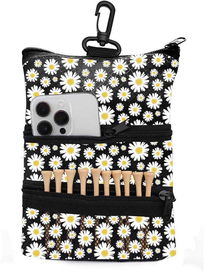 Golf Bag Accessories Valuables Pouch Bags Multi Pocket Zipper Hook with 10 Pcs Wood Golf Tees for Men Women
