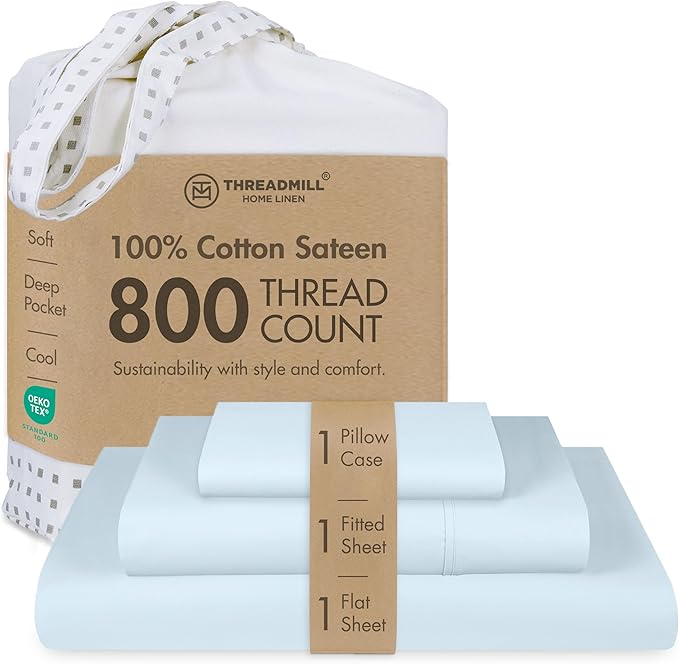 Threadmill Luxury 800 Thread Count 100% Cotton Sheets - Sateen Weave Twin XL Bed-Sheets, Better Than Egyptian Cotton,3 Pc Solid Soft Bedding Set (Light Blue), Fits 15" Deep Pocket