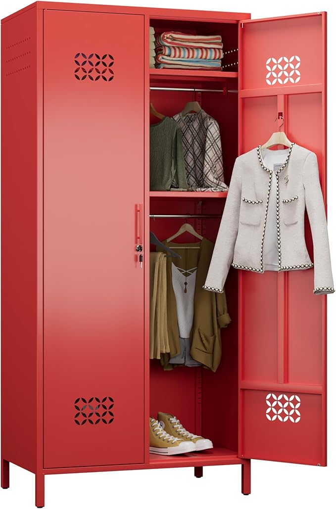 METAN 2 Door Metal Storage Lockers for Employees, Lockable Steel Storage Lockers with Hanger and Adjustable Shelves,Assembly Required,Red