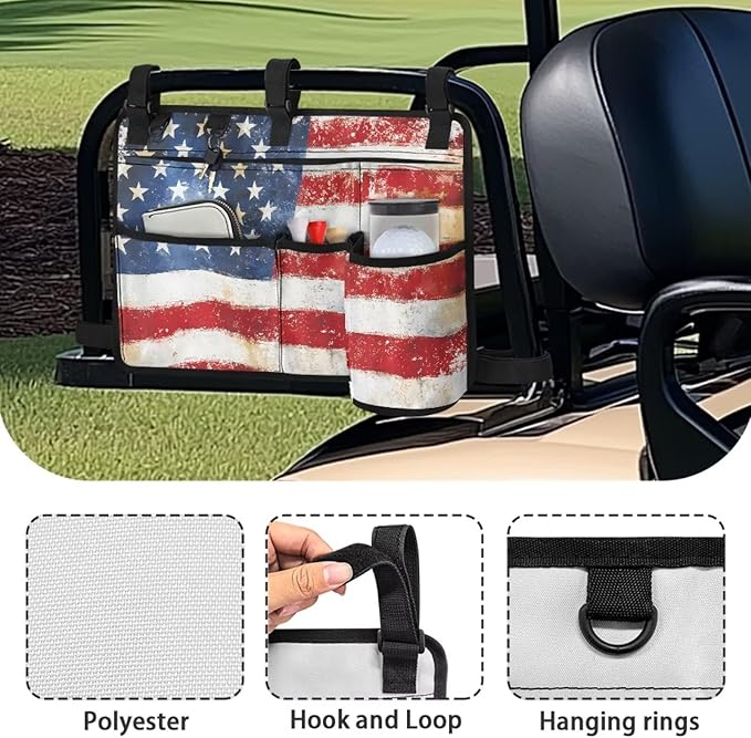 American Flag Golf Cart Bag, Golf Cart Rear Seat Organizer with Open Pockets for Golf Balls & Bottles