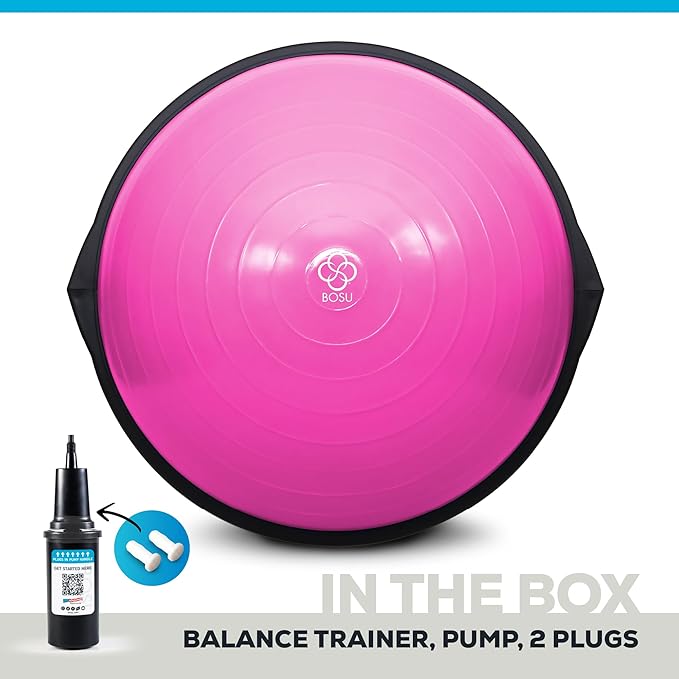 Bosu Balance Ball Exercise Trainer, Home Gym Equipment w/ Guided Workouts & Pump, 26", Blue - Inflatable Fitness Platform for Strength Training, Standing, Balancing, and Core Workout