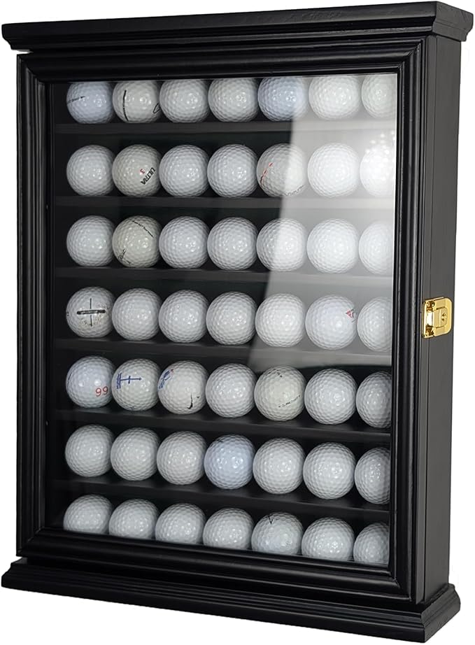 49 Golf Ball Display Case Wall Mount Cabinet Lockable Real Glass Door Solid Wood Frame 98 UV Protection Great Golfer Gift 17.4" H x 14.5" W x 3" D Indentations to Prevent Rolling