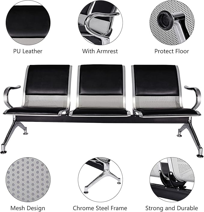 Kinfant Waiting Room Reception Chairs - Waiting Room Bench with Arms Airport Reception Bench Guest Reception Chairs Lobby Bench Waiting Area for Airport Market Bank Hospital School Barbersho, Black