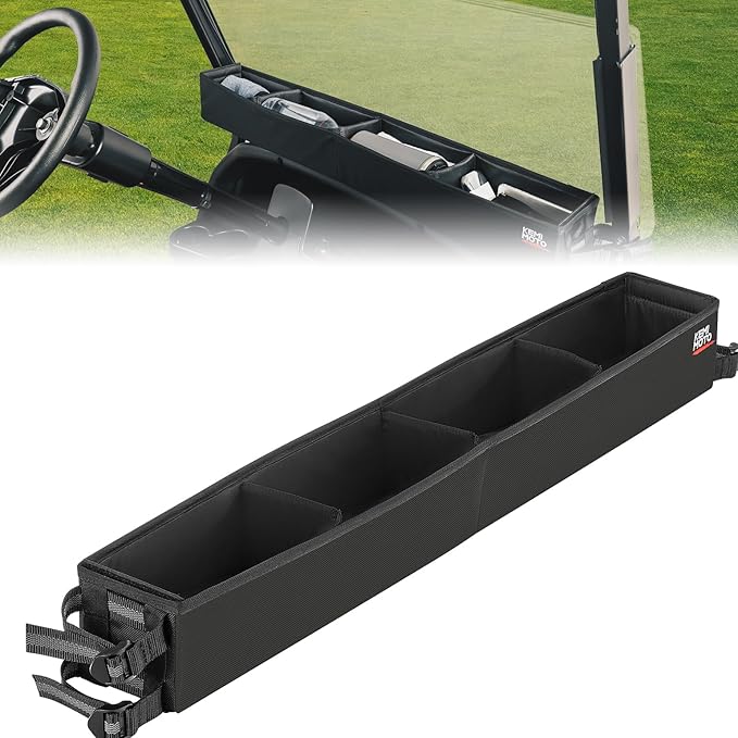 KEMIMOTO Golf Cart Inner Front Storage Basket No Drilling Golf Cart Organizer Foldable Universal Compatible with EZGO Drive Club Car Kandi Electric Golf Carts, 1680D Golf Cart Caddy Organizer, Black