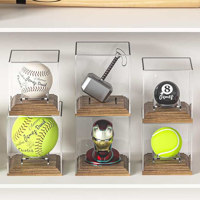 Baseball Case Display for Balls Walnut Wood Base Acrylic Baseball Display Case Baseball Holder Stand Cube Memorabilia Showcase Autograph Ball Protector for Official Size Ball Display