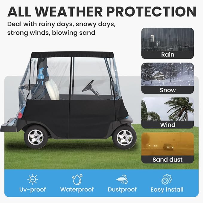 Golf Cart Cover, For 2 Seater, Driving Use, 4 Sides Rolled Up, Waterproof, Windproof, Dustproof, 600D Waterproof Oxford Cloth, Super Transparent EVA, For Club Car Precedent/Tempo/ Onward, EZGO