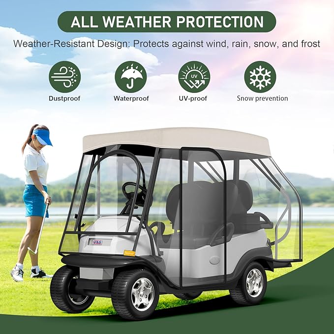 Rosefray Golf Cart Enclosure - 2+2 Drivable Rain Cover for Short Roof 58" EZGO, Club Car - Durable Door Zipper, 4-Sided Clear Windows (4 Seater)