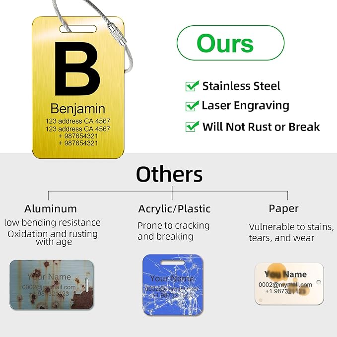 Customized Stainless Steel Luggage Tags: Personalize Your Suitcases, Backpacks, and Bags with Your Text - Custom Initial Text Name ID,Number 2"x3.3"
