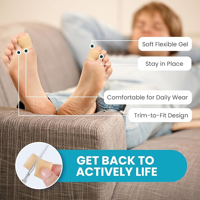 Povihome Toe Sleeves, Toe Protectors, 12 Pack Toe Tube Pads for Hammer Toe,Stubbed Toe,Corns, Calluses Protect (Large Size, Beige)