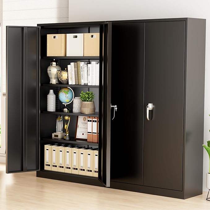 Greenvelly Metal Garage Storage Cabinet, 72'' Tall Storage Cabinet with 2 Doors and 4 Adjustable Shelves, Steel Lockable Tool Cabinets for Home Office, Garage, Basement, School (Black)
