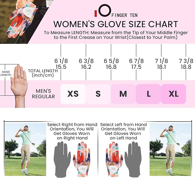 FINGER TEN Stylish Golf Gloves Women with Ball Marker 1 Pack for Left or Right Hand, Breathable Glove with Fashion Patterns for Ladies Right Left Handed Golfer