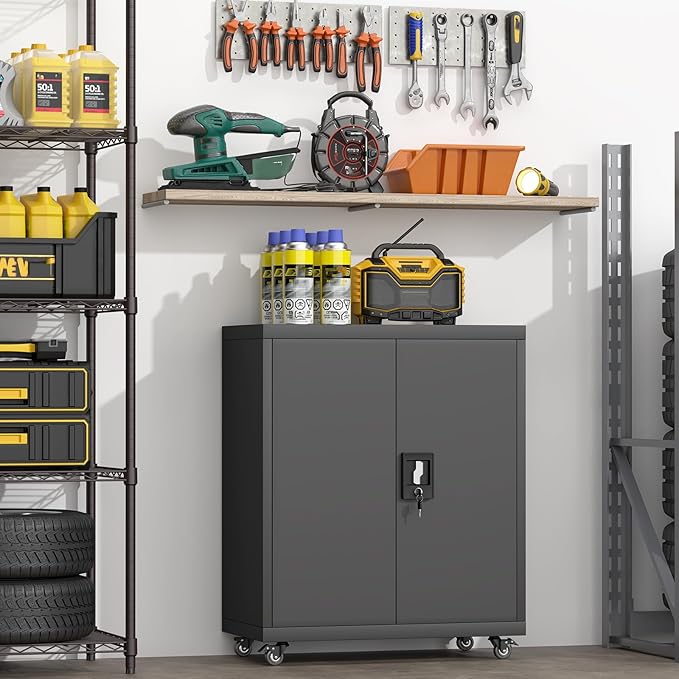 GREATMEET Garage Cabinets with Wheels, Black Garage Storage Cabinets with Doors and Adjustable Shelves，Rolling Lockable Metal Garage Storage Cabinets for Home Office Utility Room