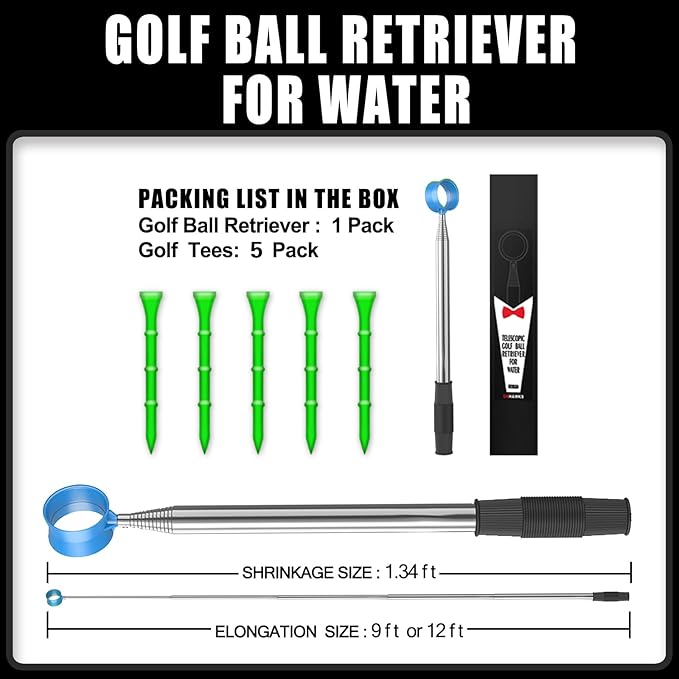 Golf Ball Retriever for Water,Telescopic 12Ft/9Ft Stainless Steel Shaft Two-Sided Easy Pick Up Balls,Unbreakable Head Retriever Tool Golf Accessories Golf Gift for Men