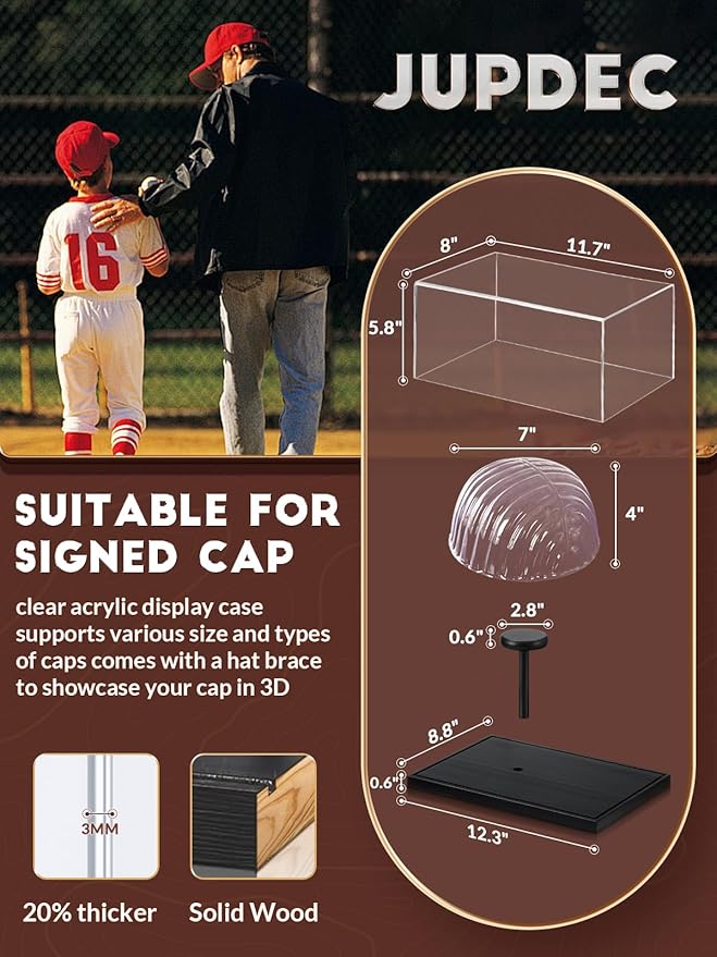 JupDec Hat Display Case, Clear Acrylic Baseball Cap Display Box Stand, UV Protection Signed Hat Transparent Showcase with Solid Wood Base Risers & Hat Shaper, Ideal Gift for Caps Collector, Black