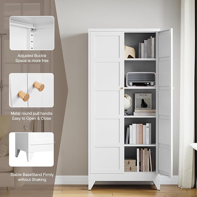 Yizosh Metal Storage Cabinet with 2 Doors and 4 Adjustable Shelves,- 71" White Kitchen Pantry Storage Cabinet for Kitchen,Dining Room,Living Room