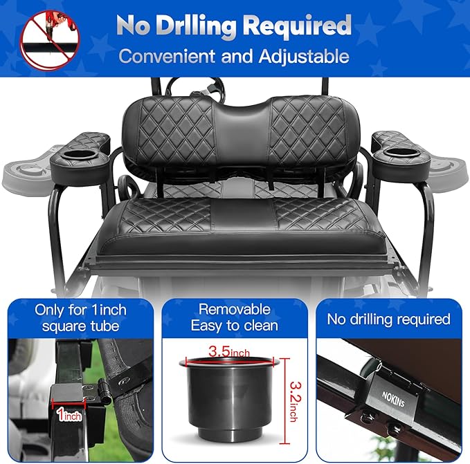 NOKINS Golf Cart Seat Covers for YAMAHA/G29/Drive2, Vinyl Front&Rear Seat Cover with Flip-Up Armrests kit, with Cup Holder, for 1" Square Tube (Black&Black Stitching)