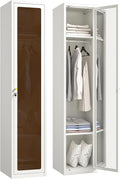 Tall Metal Locker 0rganizer for Employees with Lock, 72.83" H Amber Glass Door Cabinet with Mirror,Lockable Lifetime Locker for Home, Office, Gym, School, Garage (Single Door, White)
