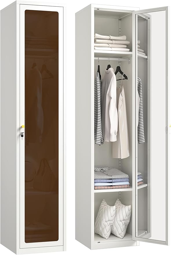 Tall Metal Locker 0rganizer for Employees with Lock, 72.83" H Amber Glass Door Cabinet with Mirror,Lockable Lifetime Locker for Home, Office, Gym, School, Garage (Single Door, White)