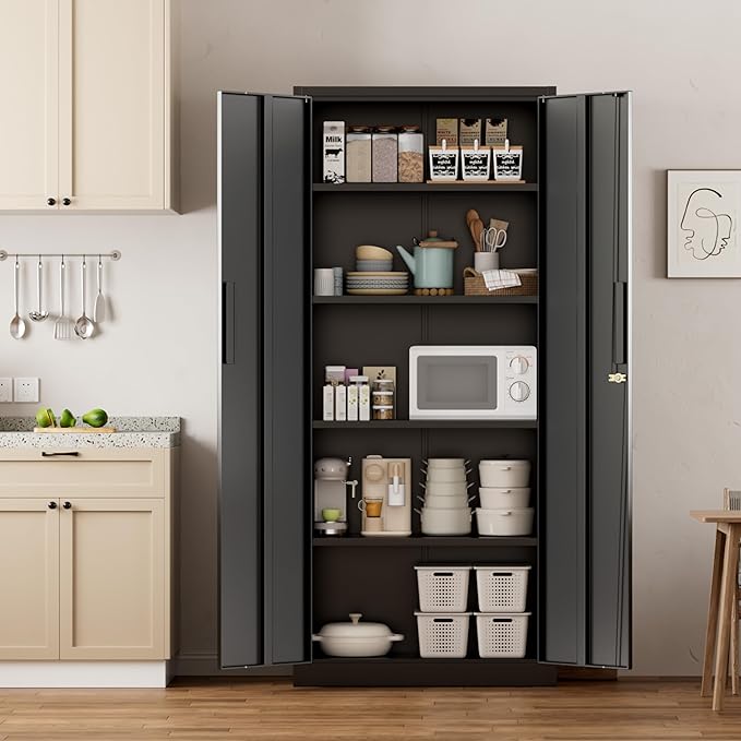 Greenvelly Metal Pantry Cabinet, 63”Tall Black Kitchen Pantry Storage Cabinets with 2 Lock Doors and 4 Adjustable Shelves for Home Office, Dinning Room,Garage